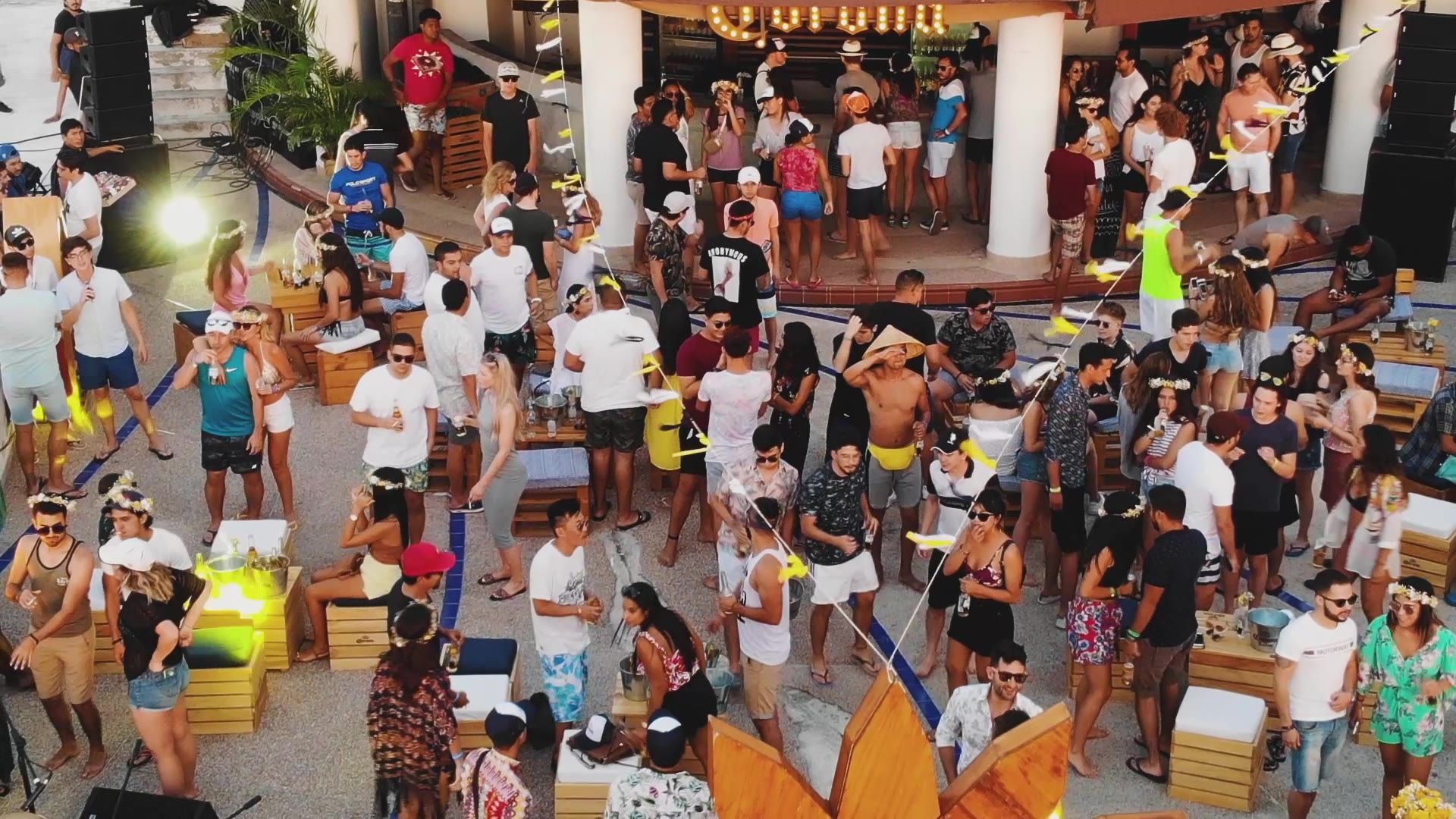 Casablanca terrace packed with people by the sea, seen from the air