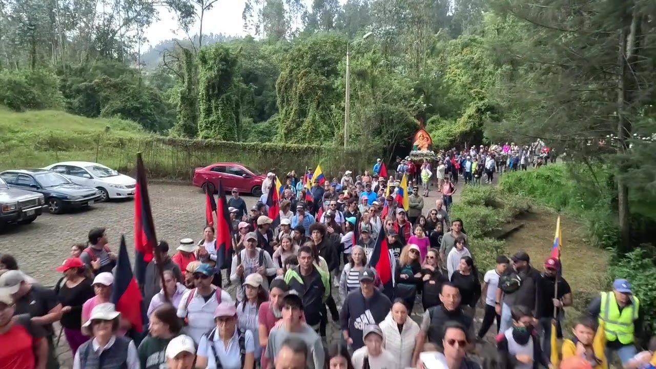 Peregrinos caminando con banderas por la carretera